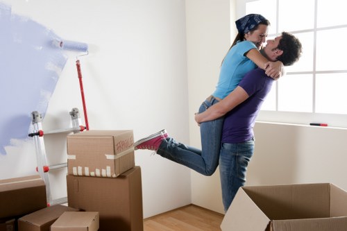 Prepared boxes and furniture for a house move in West Kensington